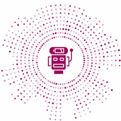 Poster - Purple Robot low battery charge icon isolated on white background. Artificial intelligence, machine learning, cloud computing. Abstract circle random dots. Vector