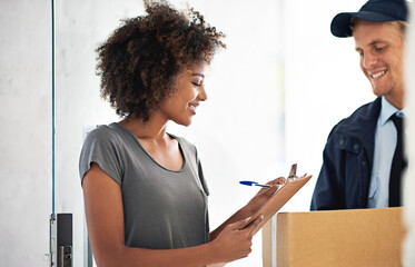 Canvas Print - They really do offer same day delivery. Shot of a courier making a delivery to a smiling customer.