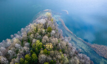 Small Island In The Middle Of The Blue Lake. Coniferous Trees And Species Without Leaves.