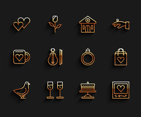 Sticker - Set line Dove, Glass of champagne, Heart, Cake on plate, Photo frames and hearts, Violin, Shopping bag with and Diamond engagement ring icon. Vector