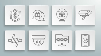 Poster - Set line Barbed wire, System bug, Security camera, Folder with password, Smartphone, and Shield icon. Vector