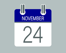 Day 24 November. Blue Calendar For Days Of The Month In November. Calendar Page Template.