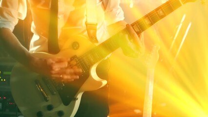 Young man with a guitar plays on stage with warm flashing lights on background