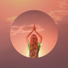 Wall Mural - The woman is meditating. Aesthetic art collage with beautiful sunset sky and mirror reflection in round frame. Minimal