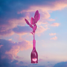 Pink Leaves In A Bottle Of Champagne Exotic Wine On A Blue Sky Background. The Concept Of Rest And Dreams, Relaxation. Modern Art Collage, Surrealism. Contemporary Posters. Abstract Minimalism
