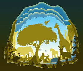 Wall Mural - Adam and Eve in the Garden of Eden. Adam naming the animals. Paper art. Bible story. Digital Art.