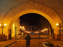 Historical Monument, Night Photo. Arch Of The Main Gate Of The Novgorod Kremlin "Detinets". Veliky Novgorod, Russia.