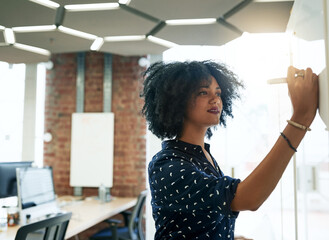 Poster - Good ideas require great planning. Shot of a young female designer working in her office.
