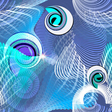 Fractals, Spirals And Flowing Lines Seamless Pattern. Trendy Abstract Colorful Background In Blue Colors. Repeat Futuristic Vector Backdrop. Modern Ornaments With Flowing Lines, Spirals, Fractals