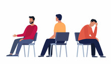 Men Are Sitting On Chairs. Men Sit In Different Poses On Chairs Turned From Different Sides. Vector Set.