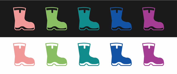 Canvas Print - Set Fishing boots icon isolated on black and white background. Waterproof rubber boot. Gumboots for rainy weather, fishing, hunter, gardening. Vector