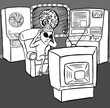 Scared alien with a foil cap watching tv in cabin of his spaceship. In the cabin there is a porthole with the planet (earth?) and a complex remote with screens. Black and white vector illustration.