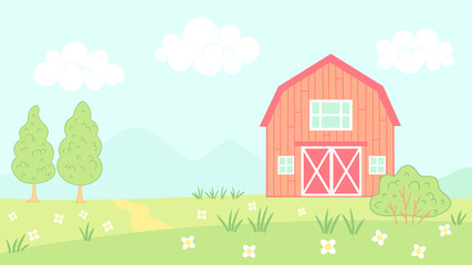 Wall Mural - Vector illustration of barn in farm. Vector illustration farm landscape for children book.