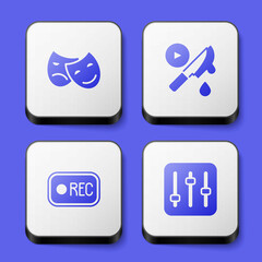 Poster - Set Comedy and tragedy masks, Thriller movie, Record button and Sound mixer controller icon. White square button. Vector