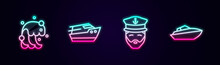 Set Line Tsunami, Speedboat, Captain Of Ship And . Glowing Neon Icon. Vector