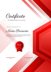 Wall Mural - Modern red certificate of achievement award template with badge and border for business and corporate