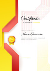 Modern red and orange certificate of achievement award template with badge and border for business and corporate