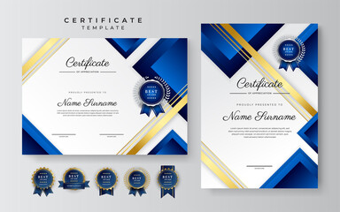 Modern blue and gold certificate of achievement award template with badge and border for business and corporate