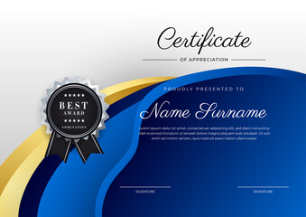 Modern blue and gold certificate of achievement award template with badge and border for business and corporate