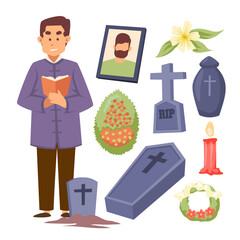 Hand drawn set of Cute Funeral Service Objects Character Elements,  Vector illustration set with Religion, coffins, tombstone, headstone, candle, flower, wreath and pictogram