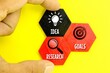 Leinwandbild Motiv colored wooden hexagons with research idea goal icons. concept towards success