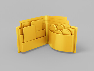 Poster - Gold mono color wallet on gray solid background. Minimalistic design object. 3d rendering icon ui ux interface element.