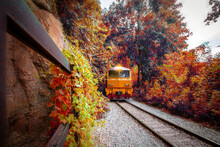 Procession Train Diesel Electric Locomotives Moving On Mountain At Curve And Sail Through Rail Chopper With Beautiful Autumn Forest View