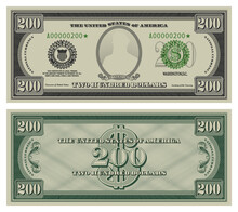 Vector Two Hundred Dollars Banknote. Gray Obverse And Green Reverse Fictional US Paper Money In Style Of Vintage American Cash. Frame With Guilloche Mesh And Bank Seals. Rutherford