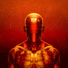 Wall Mural - faceless artificial intelligence - 3d illustration of dark blank faced male robot figure with abstra
