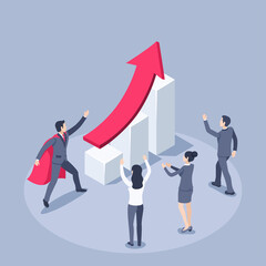 Wall Mural - isometric vector illustration on a gray background, man in a business suit and a superman cape near a chart with a red arrowhead growing up and people rejoicing and welcoming him, a successful leader