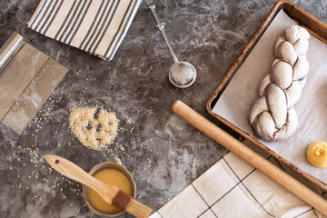 Purple challah on parchment paper. The process of preparing challah for baking.