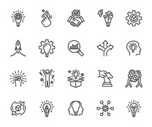 Vector Set Of Innovation Line Icons. Contains Icons Startup, Idea, Product Development, Motivation, Success, Solution, Entrepreneurship, Automation And More. Pixel Perfect.