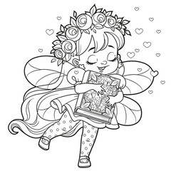 Poster - Cute cartoon little fairy hugging a big book outlined for coloring on white background