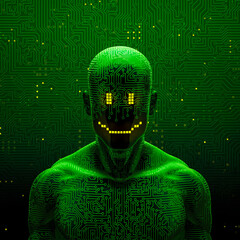 Wall Mural - smiling artificial intelligence - 3d illustration of dark pixel smile faced male robot figure with a