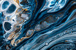 Fluid art texture. Abstract backdrop with iridescent paint effect. Liquid acrylic picture with flows and splashes. Mixed paints for posters or wallpapers. Black, blue and golden overflowing colors.