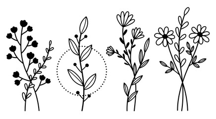 Wall Mural - Outline wildflowers bouquets vector clipart. Hand drawn line art field flowers illustration set in tattoo style