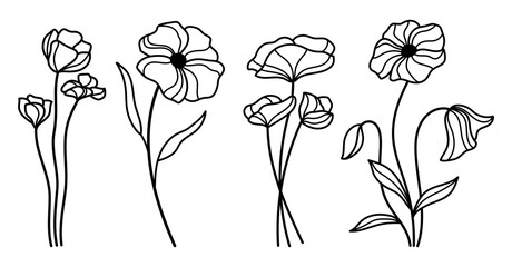 Wall Mural - Vector wildflowers illustration in tattoo style. Hand drawn line art field flowers vector clipart set