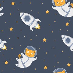 Wall Mural - Seamless vector pattern. Cat astronaut flying in space, smiling moon, stars, spaceship, space. Cute children's print. 