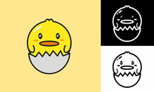 Vector Illustration Of Chicken In Cracked Egg. Set Of Cracked Egg Icons. Chicken Icons. Cute Chicken. Kawaii Chicken. Flat Chicken Vector Design. Vector Illustration.