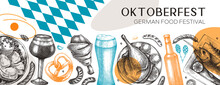 German Food Background In Collage Style. Oktoberfest Menu Trendy Design. Vector Meat Dishes Sketches And Geometric Shapes. German Cuisine Modern Banner. Traditional Food Festival Illustration.