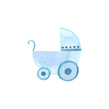 Watercolor Blue Baby Carriage. High Quality Illustration