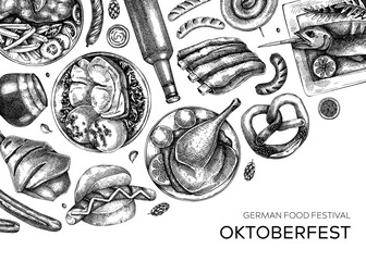 German food background. Oktoberfest menu design. Vector meat dishes sketches. German cuisine banner in vintage style. Traditional Food festival illustration. Black and white restaurant template