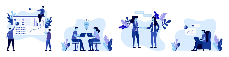 Business people illustration set. Collection of illustrations with people working at home office and coworking space. Teamwork office business meeting. People talking with colleagues, planning busines