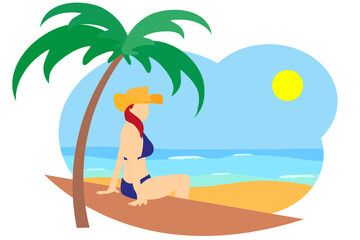  Flat drawing of a woman in bikini with hat sitting on the beach next to a tropical palm tree. Moment of relaxation and wellness in summer vacations