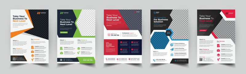 a bundle of 5 templates of a4 flyer, Flyer template layout design. business flyer,
brochure, magazine or flier mockup in bright colors. perfect for creative
professional business. vector template