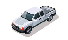 Car Isometric View. Pickup Silver Color. Vehicle, Truck Model Collection. Design Element For Road City, Urban, Street. 3d Automobile With Shadow Isolated On White Background. Flat Vector Illustration