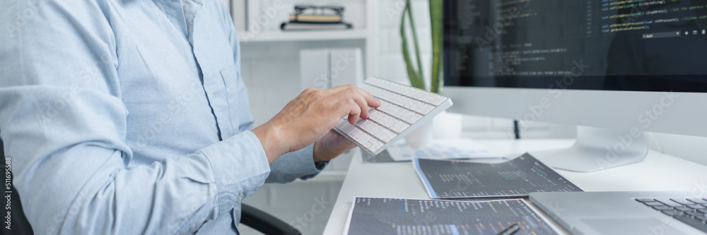 Foto de Stock Software development concept, Male programmer using ...