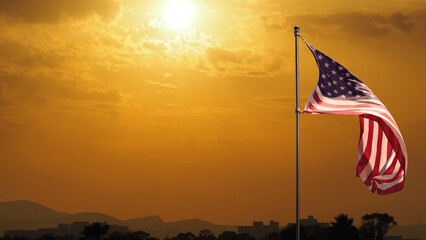 American flags on sunset background. Independence Day concept. USA holiday.