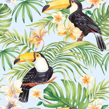 Watercolor Seamless Tropical Pattern. With Toucan Birds, Exotic Flowers, Palm Leaves, Orchids And Frangipani On A Blue Background.