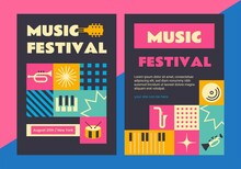Flat Design Mosaic Retro Music Festival. Set Of Editable Templates For Social Media, Event Poster, Postcard, Invitation, Cover, Banner. Summer Festival, Live Music Festival Concept.
